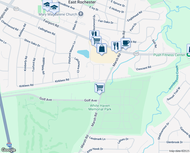 map of restaurants, bars, coffee shops, grocery stores, and more near 72 Waterworks Dr in East Rochester