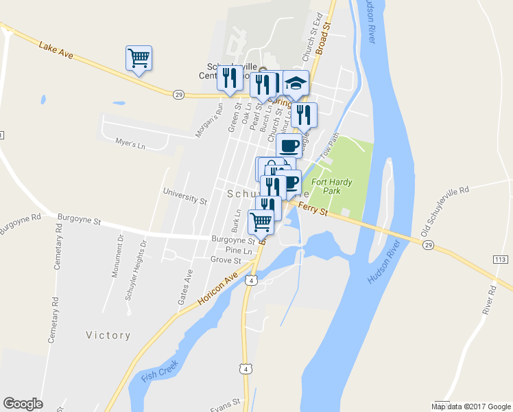 map of restaurants, bars, coffee shops, grocery stores, and more near 22 Church Street in Schuylerville