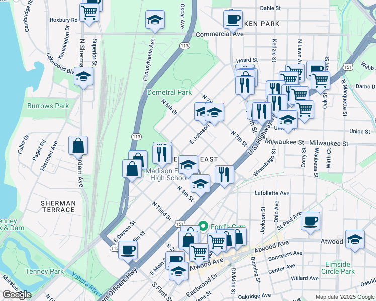 map of restaurants, bars, coffee shops, grocery stores, and more near 2309 East Johnson Street in Madison