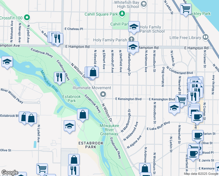 map of restaurants, bars, coffee shops, grocery stores, and more near 813 East Glendale Avenue in Shorewood