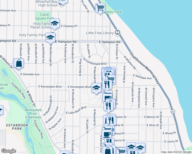 map of restaurants, bars, coffee shops, grocery stores, and more near 4536 North Newhall Street in Shorewood