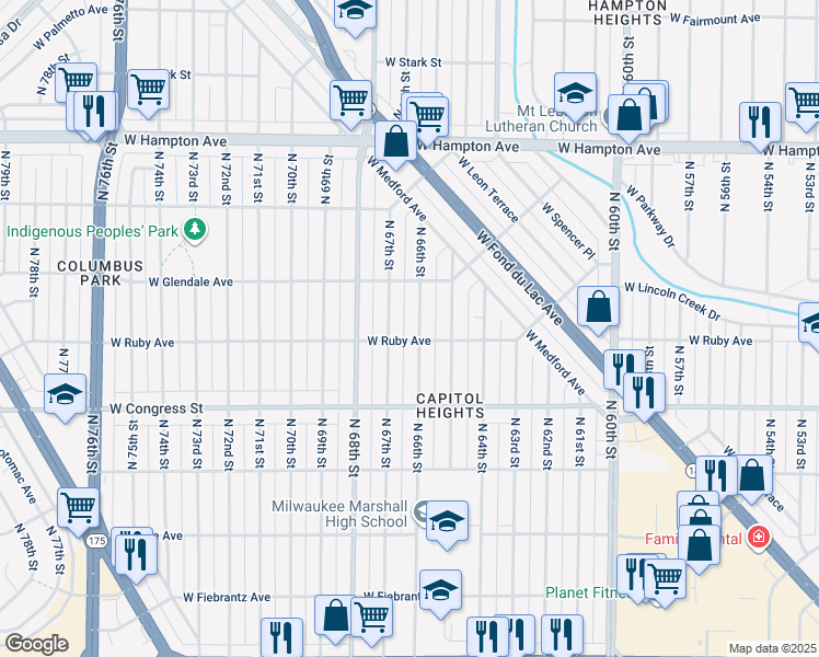 map of restaurants, bars, coffee shops, grocery stores, and more near 4513 North 66th Street in Milwaukee