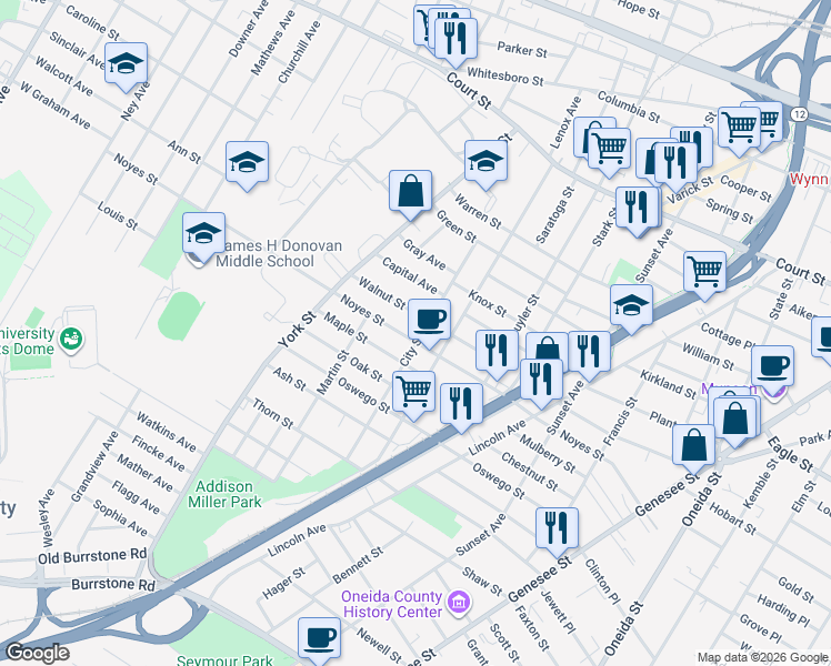 map of restaurants, bars, coffee shops, grocery stores, and more near 1200 Noyes Street in Utica