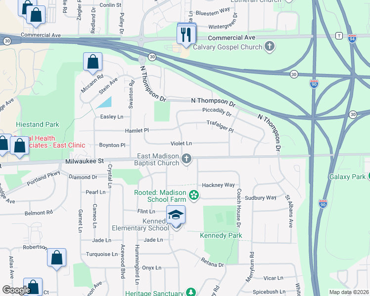 map of restaurants, bars, coffee shops, grocery stores, and more near 5005 Violet Lane in Madison