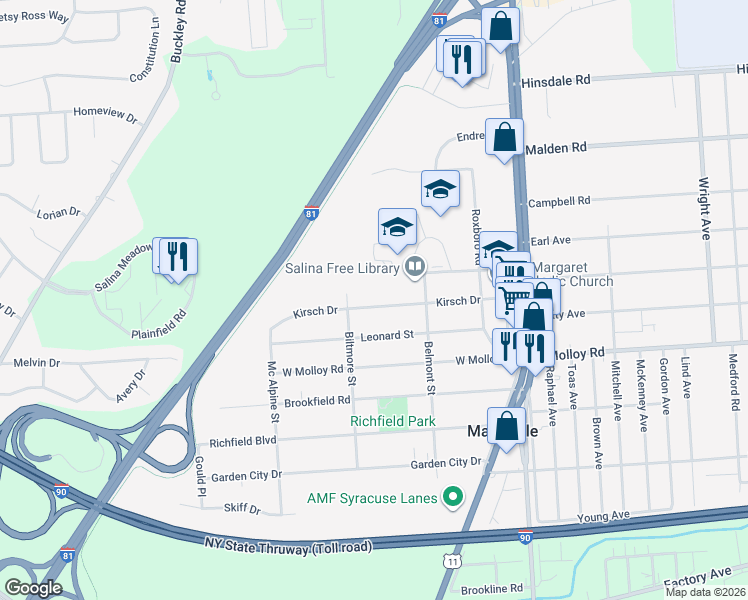 map of restaurants, bars, coffee shops, grocery stores, and more near 320 Kirsch Drive in Syracuse