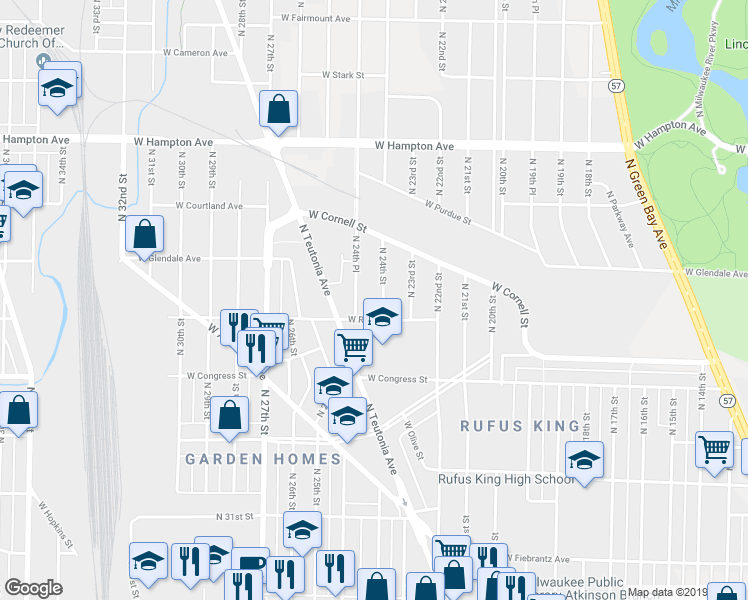 map of restaurants, bars, coffee shops, grocery stores, and more near 4529 North 24th Street in Milwaukee