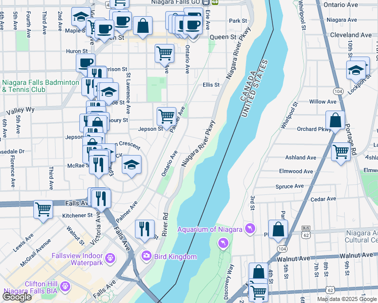 map of restaurants, bars, coffee shops, grocery stores, and more near 4325 Otter Street in Niagara Falls
