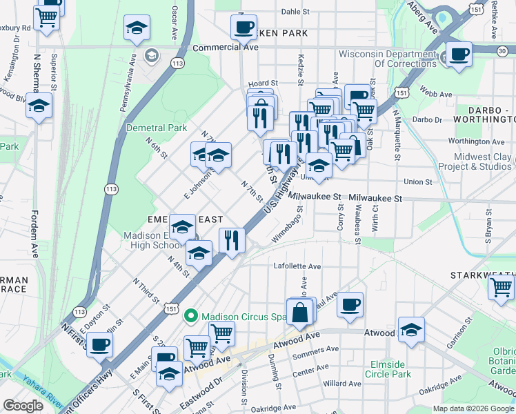 map of restaurants, bars, coffee shops, grocery stores, and more near 2462 East Washington Avenue in Madison