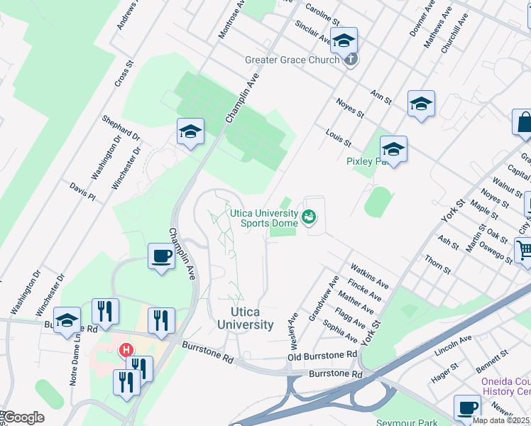 map of restaurants, bars, coffee shops, grocery stores, and more near 1463 65 Ney Ave in Utica