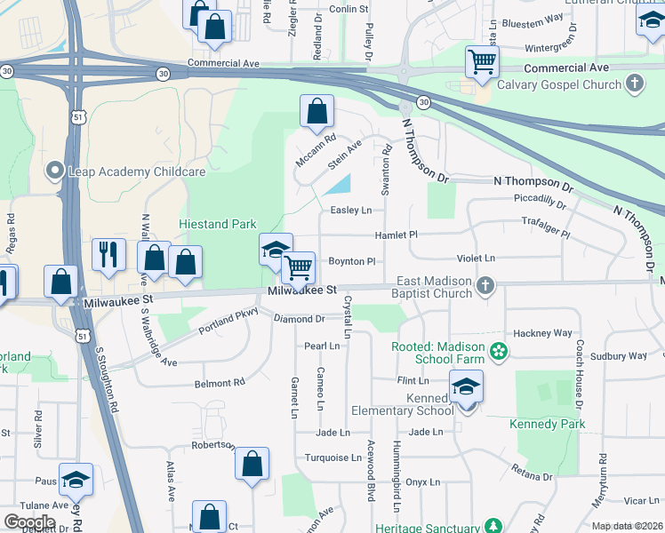 map of restaurants, bars, coffee shops, grocery stores, and more near 4525 Boynton Place in Madison