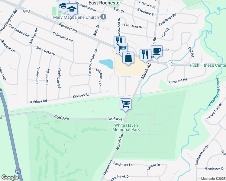 map of restaurants, bars, coffee shops, grocery stores, and more near 119 Kirklees Road in Pittsford