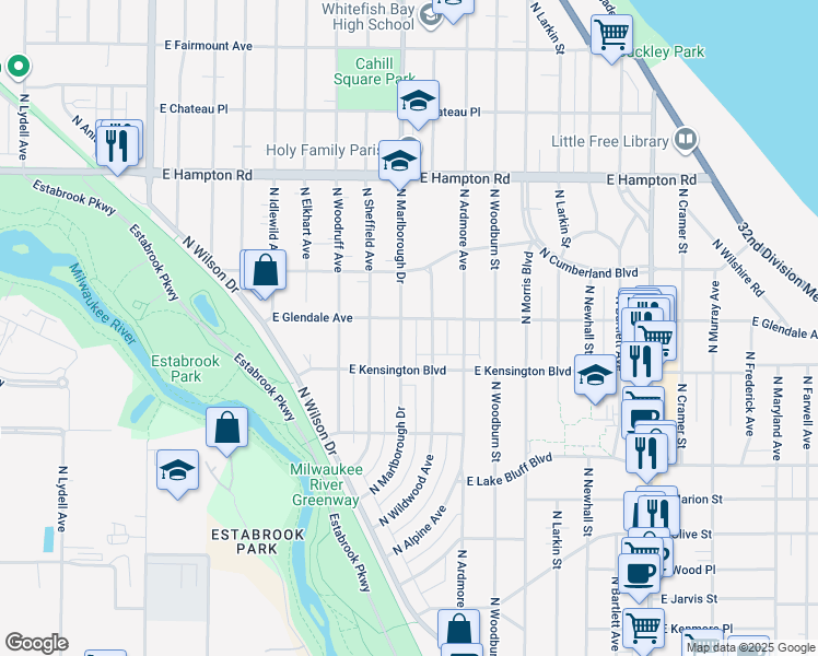 map of restaurants, bars, coffee shops, grocery stores, and more near 4538 North Marlborough Drive in Shorewood