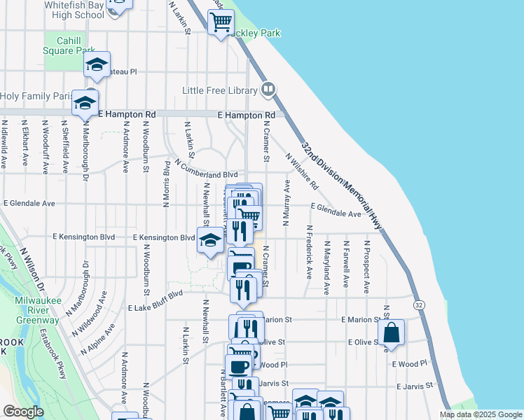 map of restaurants, bars, coffee shops, grocery stores, and more near 4541 North Cramer Street in Whitefish Bay