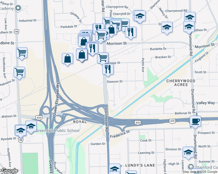 map of restaurants, bars, coffee shops, grocery stores, and more near in Niagara Falls
