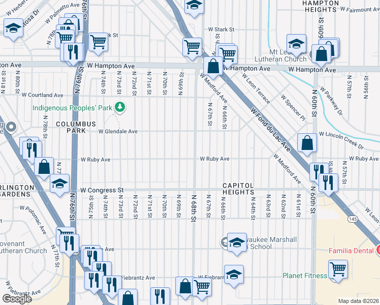 map of restaurants, bars, coffee shops, grocery stores, and more near 4513 North 68th Street in Milwaukee