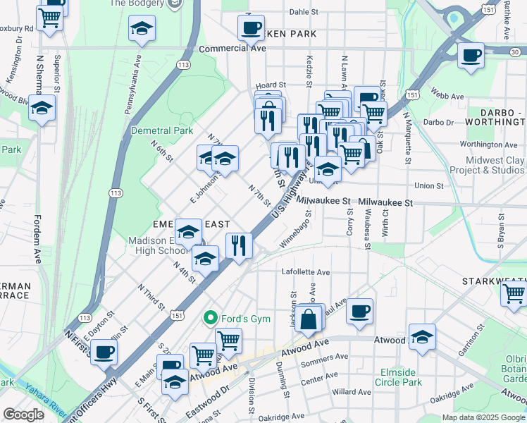 map of restaurants, bars, coffee shops, grocery stores, and more near 2450 East Washington Avenue in Madison