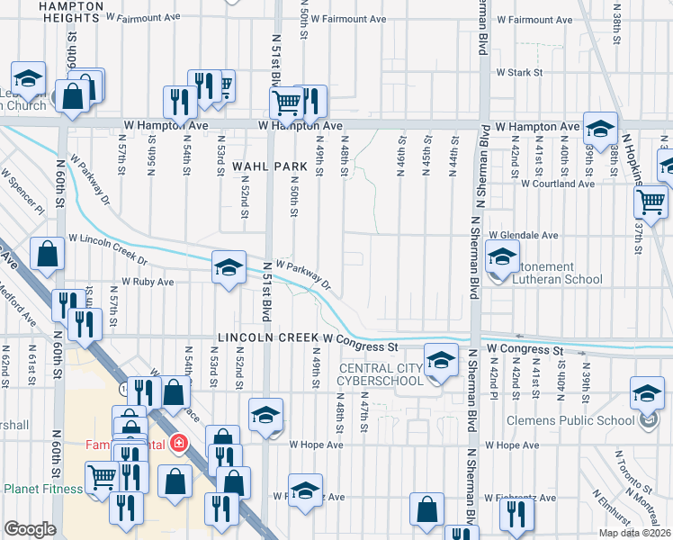 map of restaurants, bars, coffee shops, grocery stores, and more near 4525 North 48th Street in Milwaukee