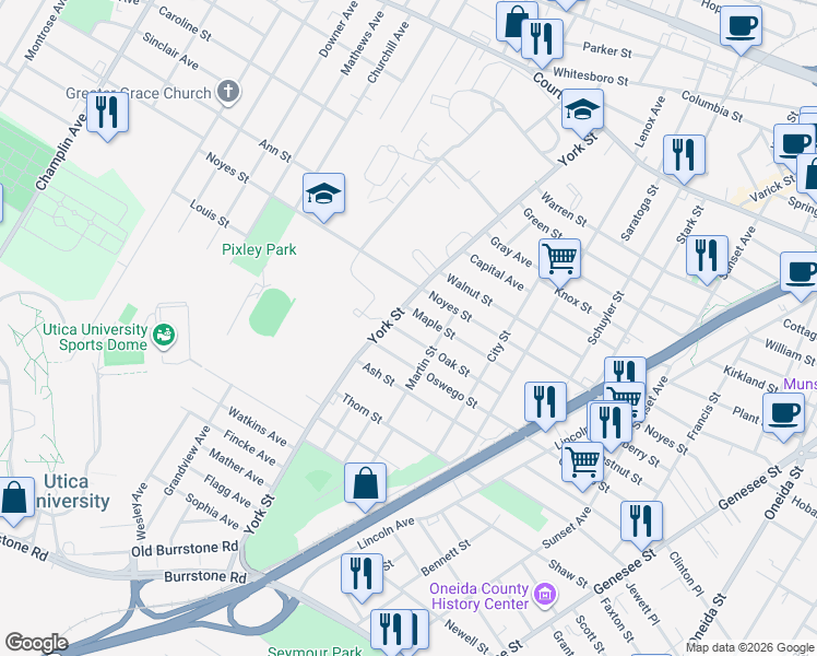 map of restaurants, bars, coffee shops, grocery stores, and more near 1314 Oak St in Utica
