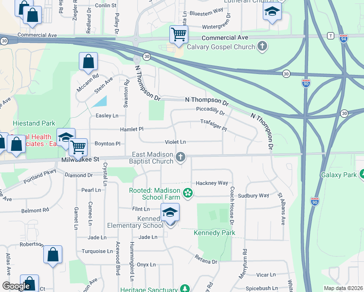 map of restaurants, bars, coffee shops, grocery stores, and more near 5005 Violet Lane in Madison