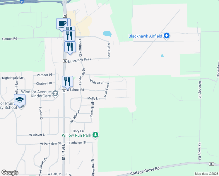 map of restaurants, bars, coffee shops, grocery stores, and more near 400 East School Road in Cottage Grove