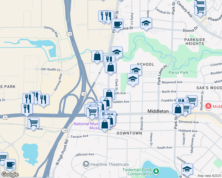 map of restaurants, bars, coffee shops, grocery stores, and more near 2211 Parmenter Street in Middleton