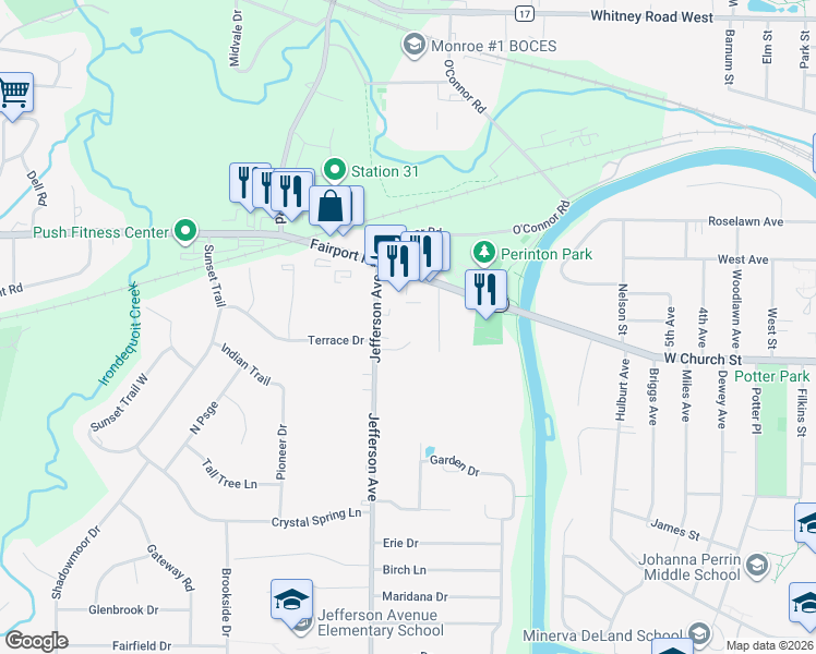 map of restaurants, bars, coffee shops, grocery stores, and more near 10 Pilgrim Circle in Fairport