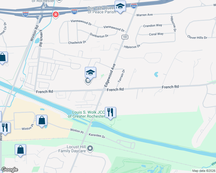 map of restaurants, bars, coffee shops, grocery stores, and more near 484 French Road in Rochester