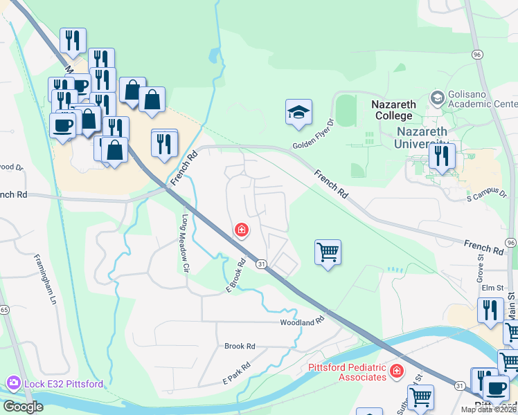 map of restaurants, bars, coffee shops, grocery stores, and more near 184 Brittany Lane in Pittsford