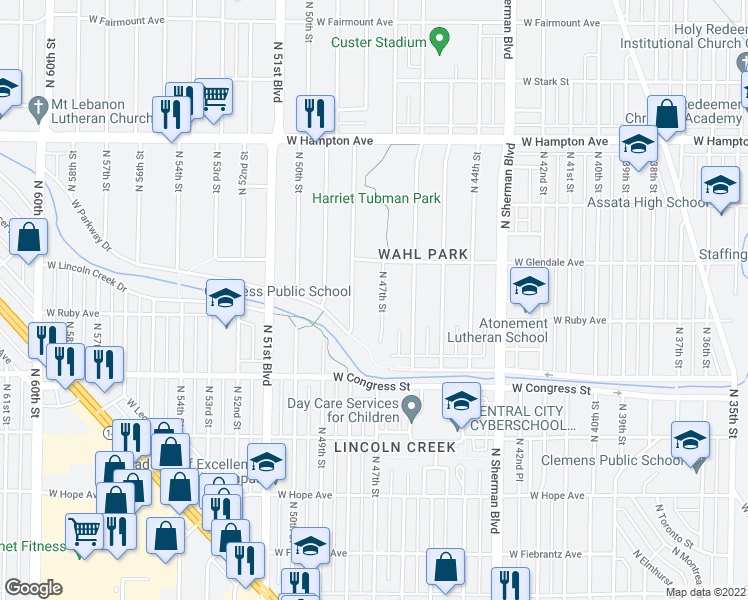 map of restaurants, bars, coffee shops, grocery stores, and more near 4533 North 47th Street in Milwaukee
