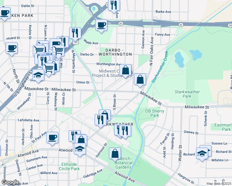 map of restaurants, bars, coffee shops, grocery stores, and more near 3201 Milwaukee Street in Madison