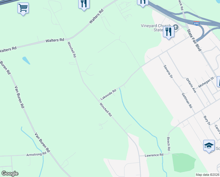 map of restaurants, bars, coffee shops, grocery stores, and more near 3605 Lakeside Road in Syracuse