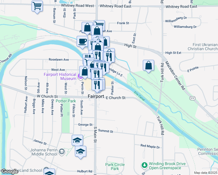 map of restaurants, bars, coffee shops, grocery stores, and more near 18 Pleasant Street in Fairport