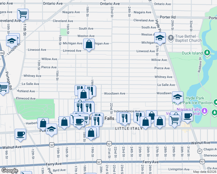 map of restaurants, bars, coffee shops, grocery stores, and more near 1114 22nd Street in Niagara Falls