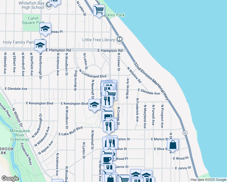 map of restaurants, bars, coffee shops, grocery stores, and more near 4541 North Cramer Street in Whitefish Bay