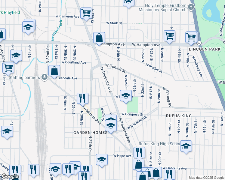 map of restaurants, bars, coffee shops, grocery stores, and more near 4502 North Teutonia Avenue in Milwaukee
