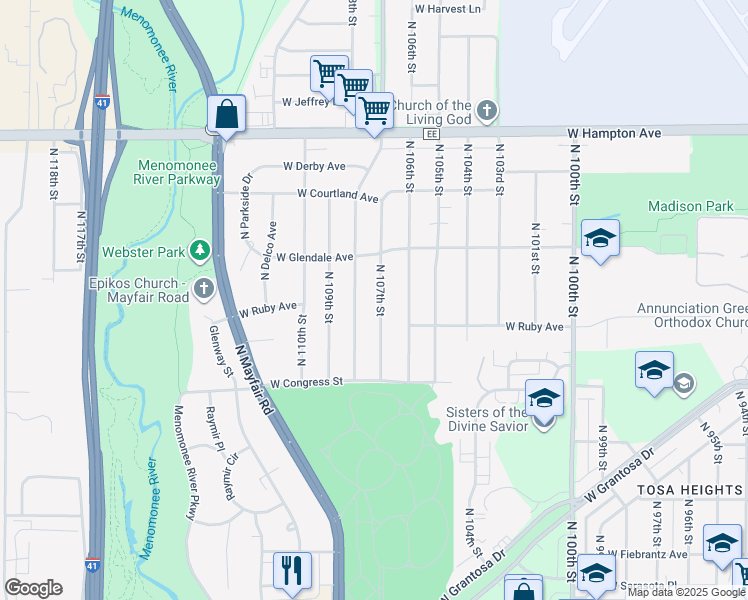 map of restaurants, bars, coffee shops, grocery stores, and more near 4524 North 107th Street in Wauwatosa