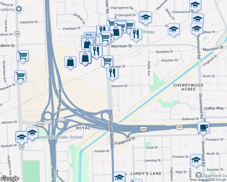 map of restaurants, bars, coffee shops, grocery stores, and more near 5100 Dorchester Road in Niagara Falls