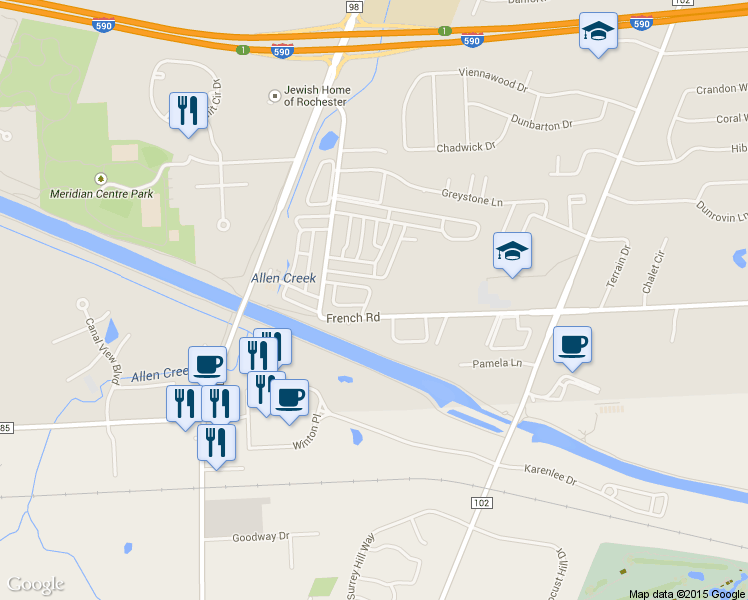 map of restaurants, bars, coffee shops, grocery stores, and more near 140 French Woods Circle in Rochester