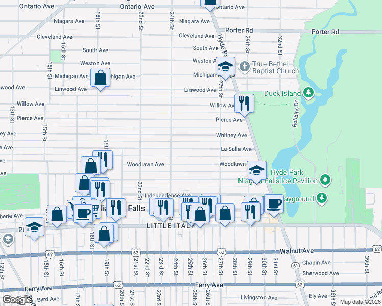 map of restaurants, bars, coffee shops, grocery stores, and more near 2443 La Salle Avenue in Niagara Falls