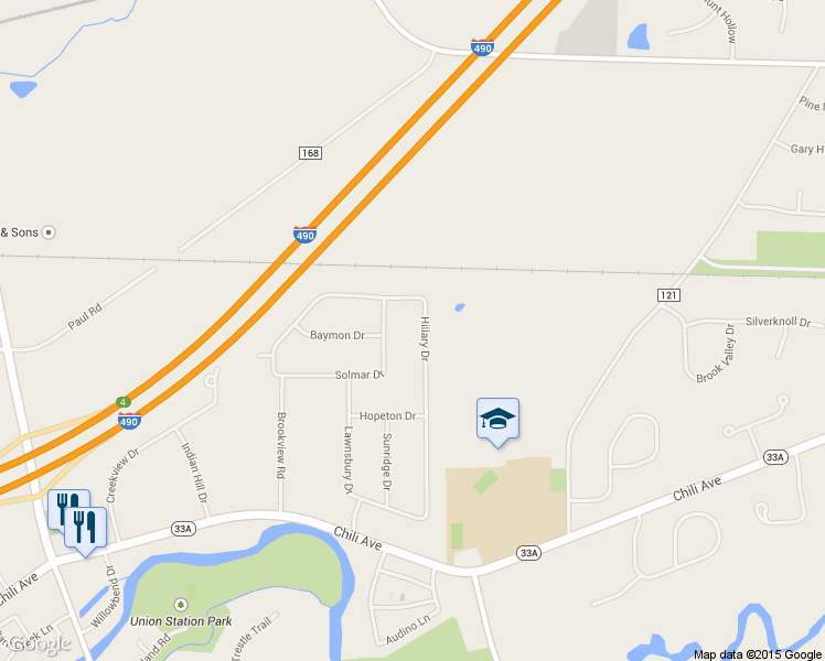 map of restaurants, bars, coffee shops, grocery stores, and more near 133 Hillary Drive in Rochester