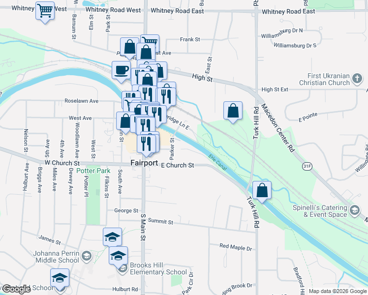 map of restaurants, bars, coffee shops, grocery stores, and more near 29 Parker Street in Fairport