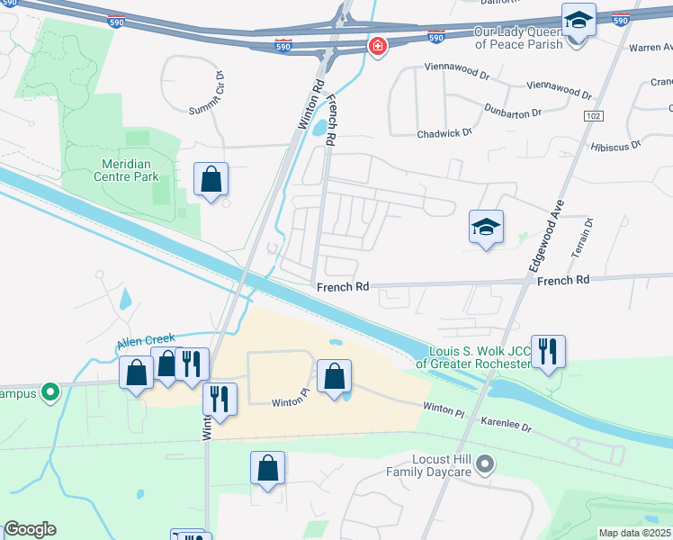 map of restaurants, bars, coffee shops, grocery stores, and more near 76 Branchwood Lane in Rochester
