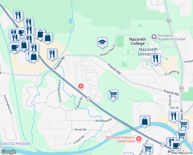 map of restaurants, bars, coffee shops, grocery stores, and more near 184 Brittany Lane in Pittsford