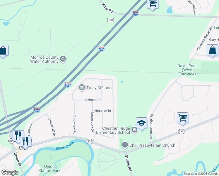 map of restaurants, bars, coffee shops, grocery stores, and more near 133 Hillary Drive in Rochester