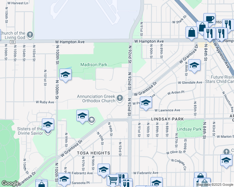 map of restaurants, bars, coffee shops, grocery stores, and more near 9400 West Congress Street in Wauwatosa