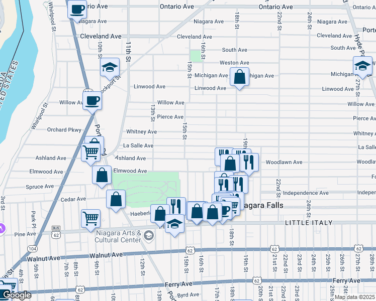 map of restaurants, bars, coffee shops, grocery stores, and more near 1109 15th Street in Niagara Falls
