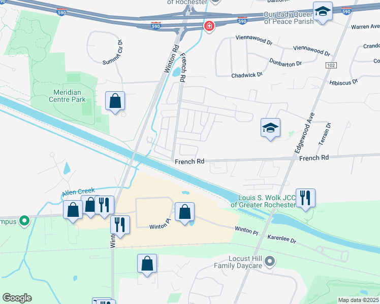 map of restaurants, bars, coffee shops, grocery stores, and more near 96 Branchwood Lane in Rochester
