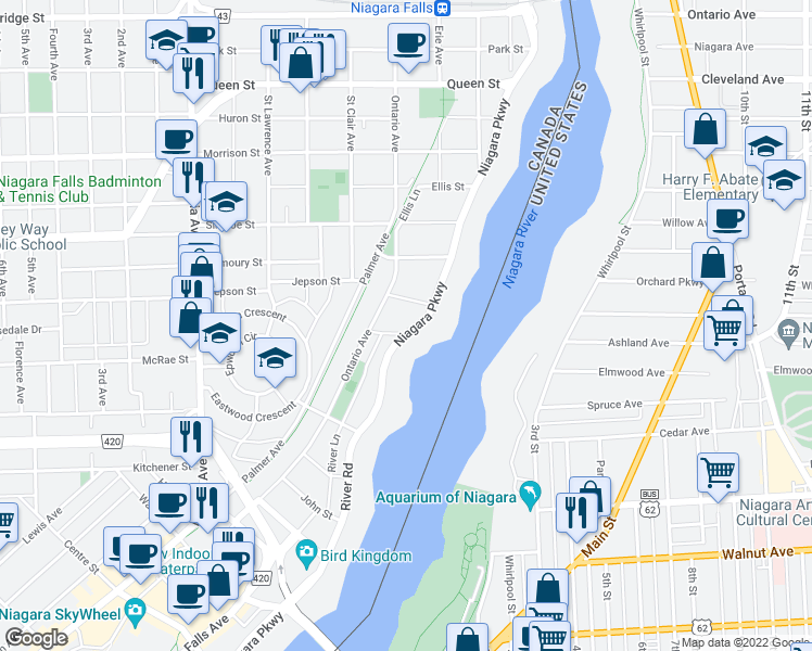 map of restaurants, bars, coffee shops, grocery stores, and more near 5163 River Road in Niagara Falls
