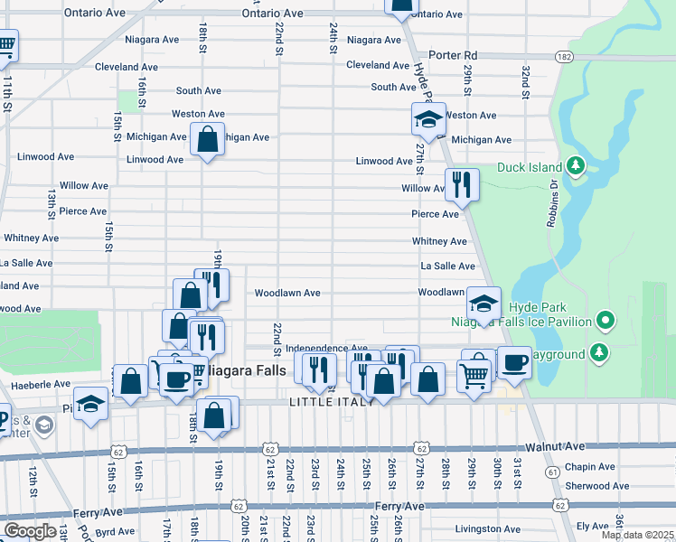 map of restaurants, bars, coffee shops, grocery stores, and more near 2405 La Salle Avenue in Niagara Falls