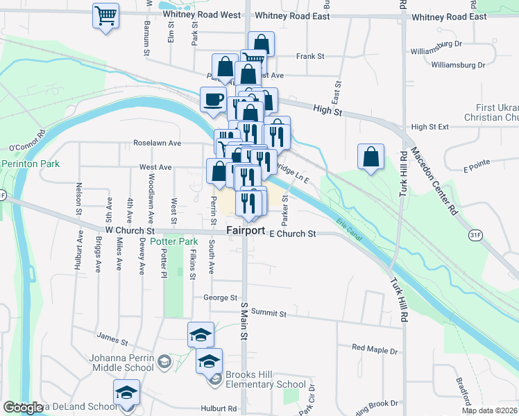 map of restaurants, bars, coffee shops, grocery stores, and more near 18 Pleasant Street in Fairport